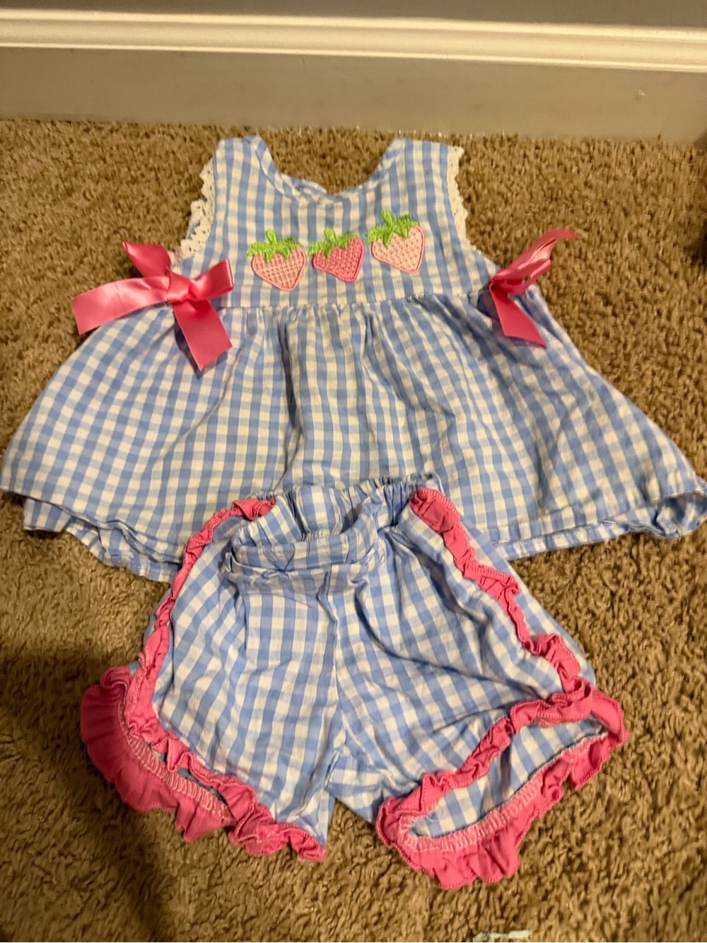 Blue Gingham Strawberry Toddler Matching Set with Pink Trim